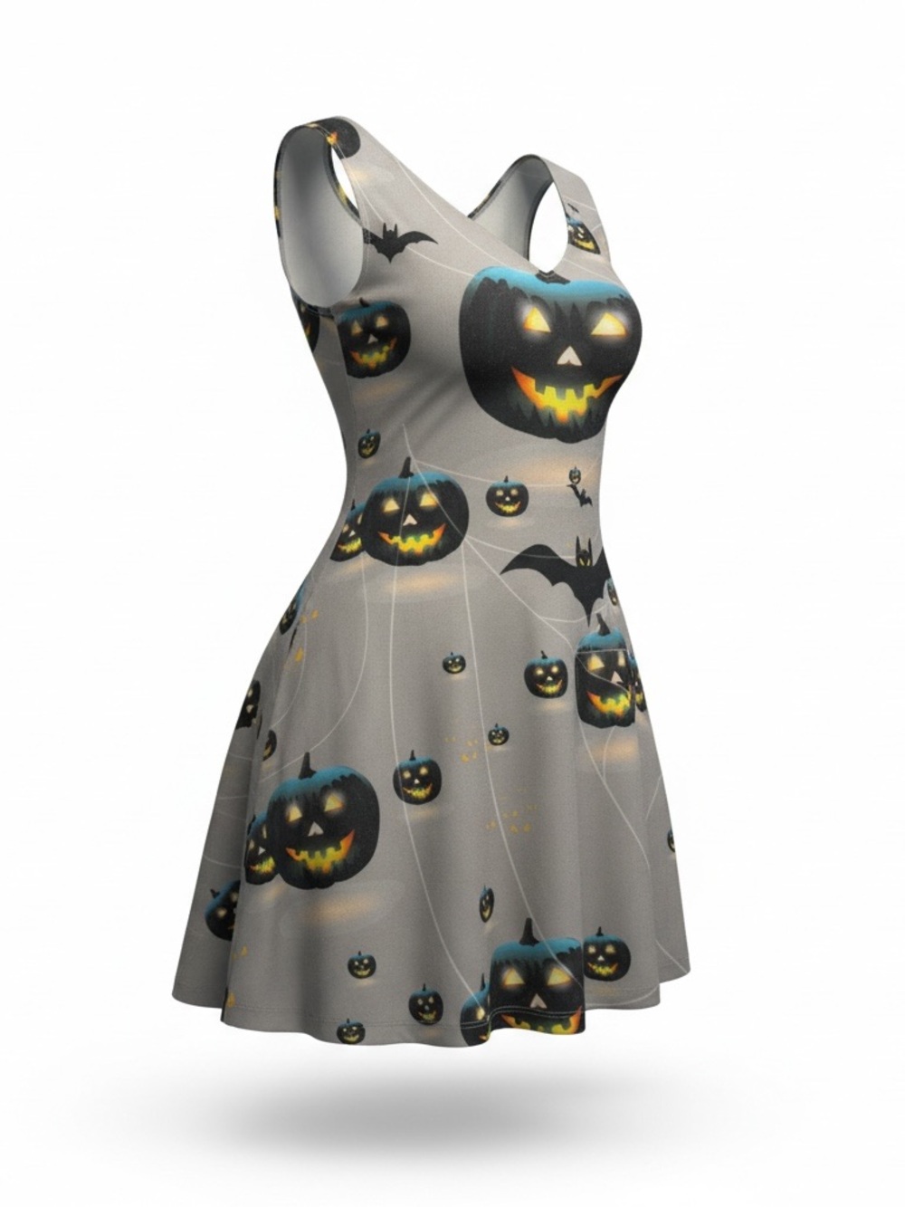 Halloween Pumpkin/Bat Print Fit & Flare Dress - Gray